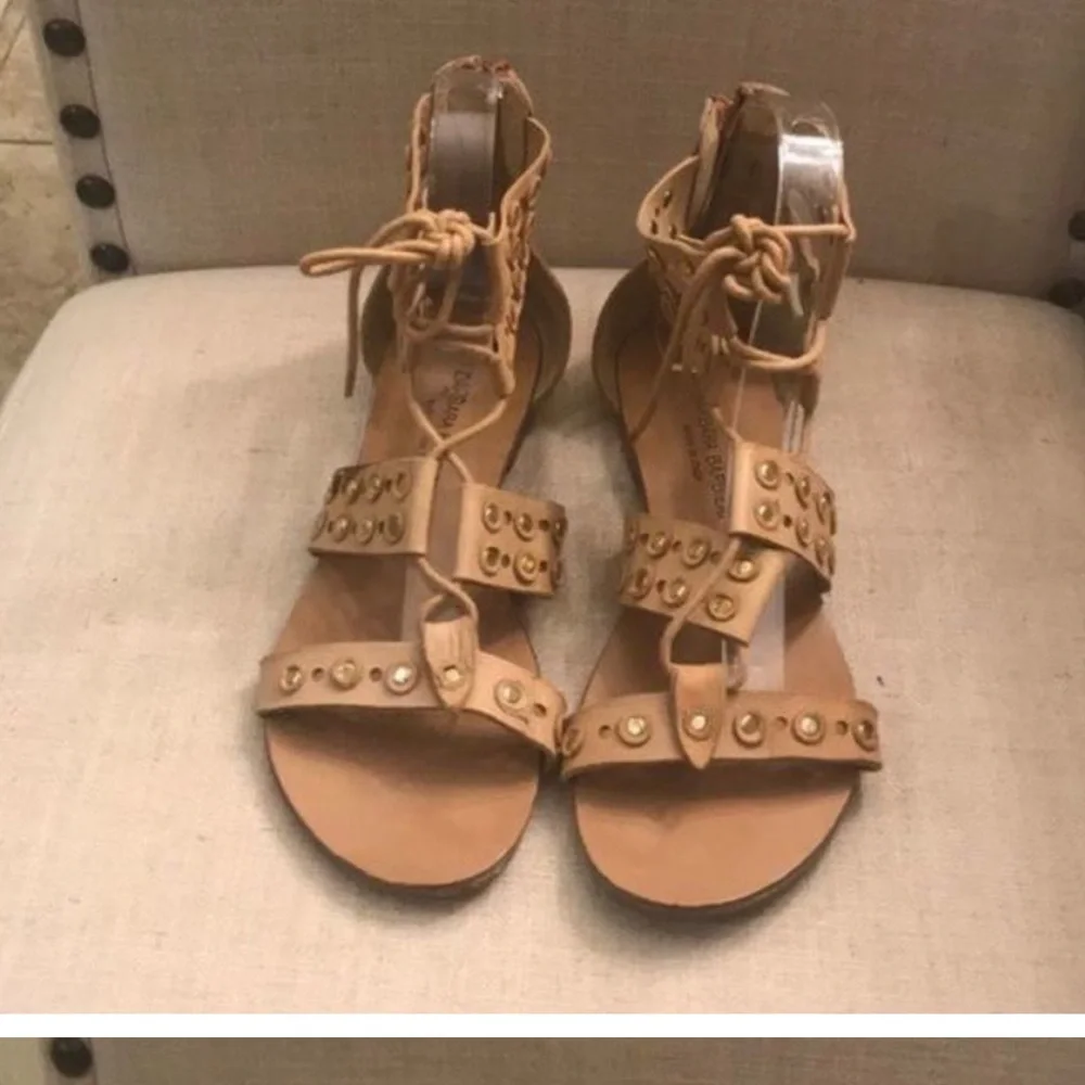 Barbara Barbieri Tan Gladiator Sandals - studded lace up flats